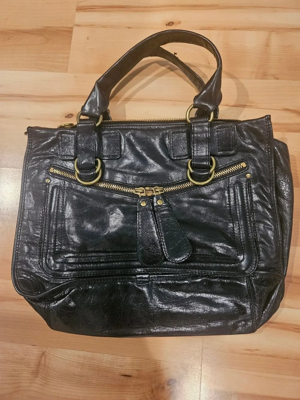Classic Black Leather Satchel with Gold Hardware